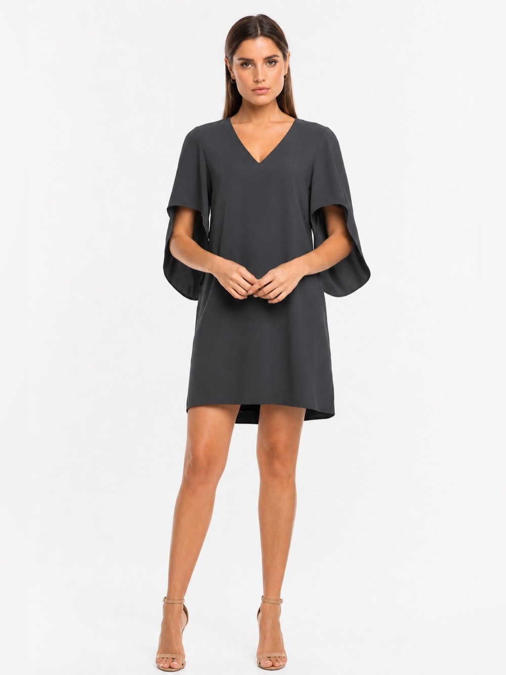 Anna Cate Meredith Flutter Sleeve Shift Dress Charcoal Gray XS V-Neck